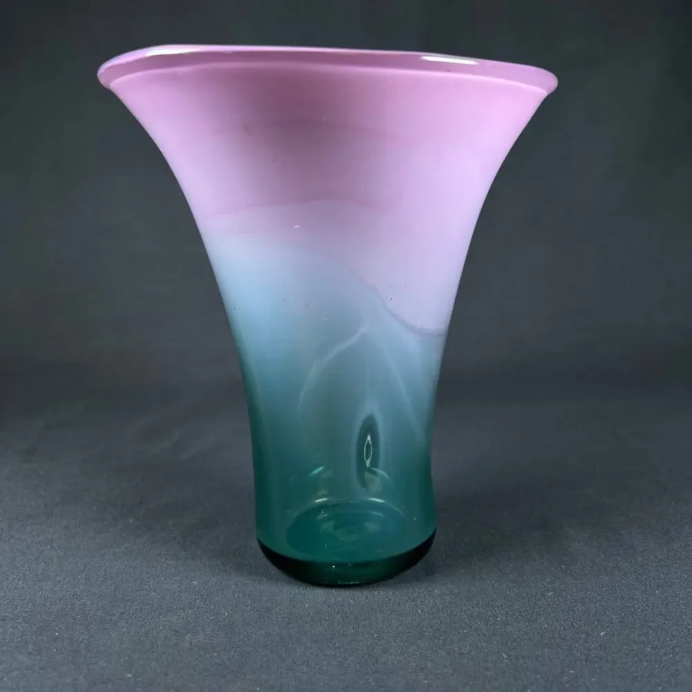 Michelle Kaptur 81' Art Glass Vase Turquoise Pink White Artisan Bend Oregon VNTG